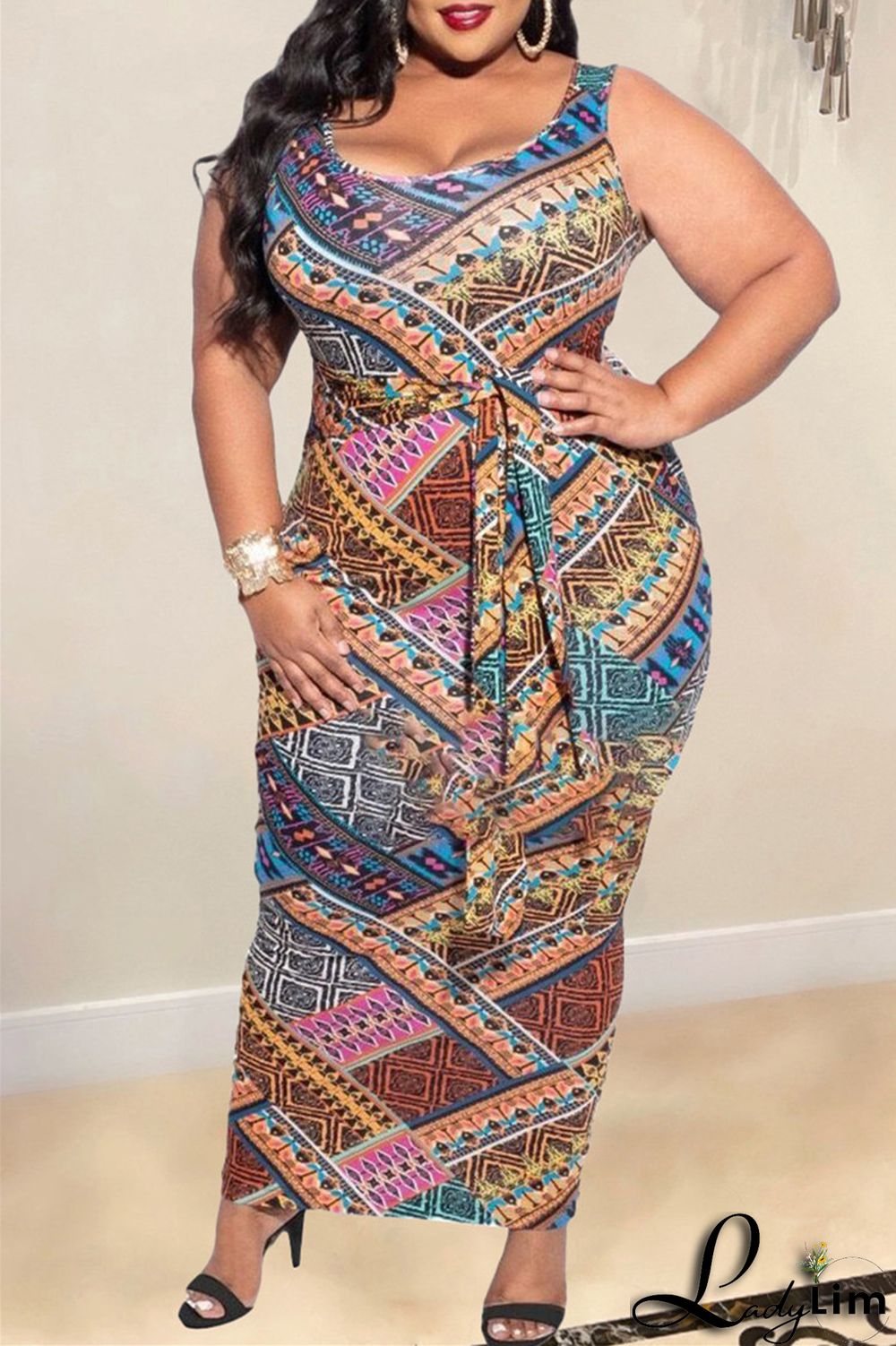 Multicolor Fashion Casual Plus Size Print Patchwork U Neck Vest Dress