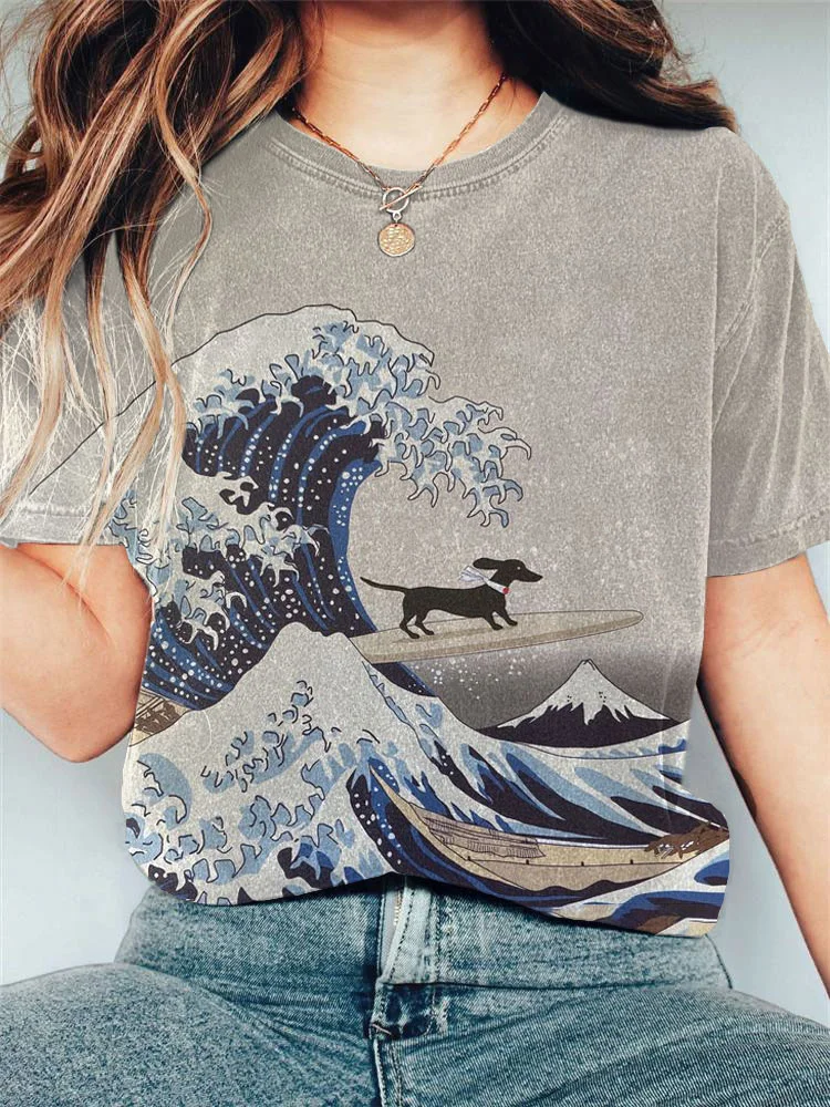 Japanese Art Dachshund Dog Print T-shirt