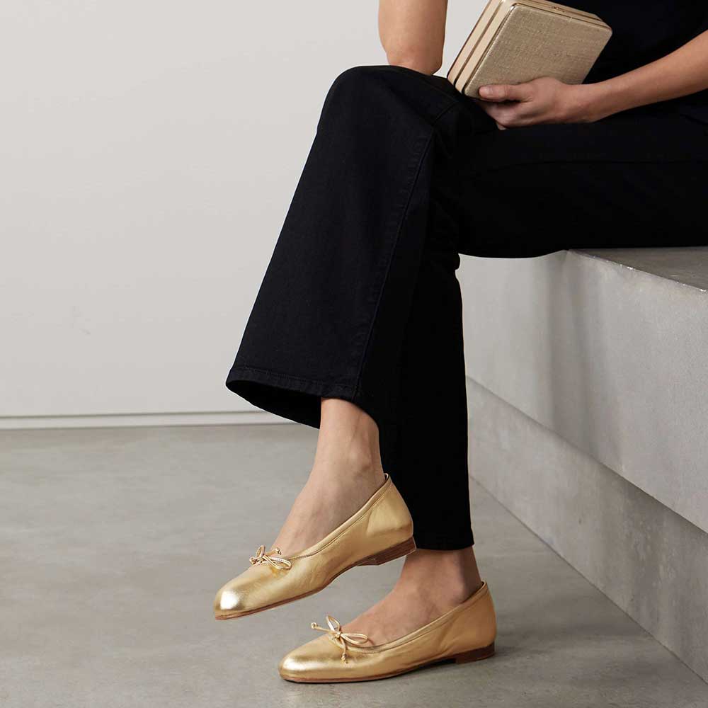 Gold Vegan Leather Round Toe Slip-On Ballet Flats with Bow Nicepairs
