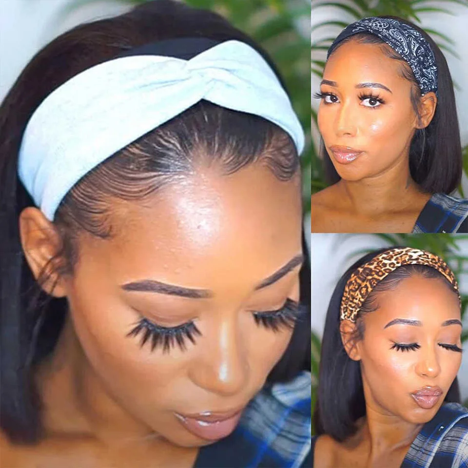 Blunt Cut Natural Black Straight Bob Affordable Headband Wig