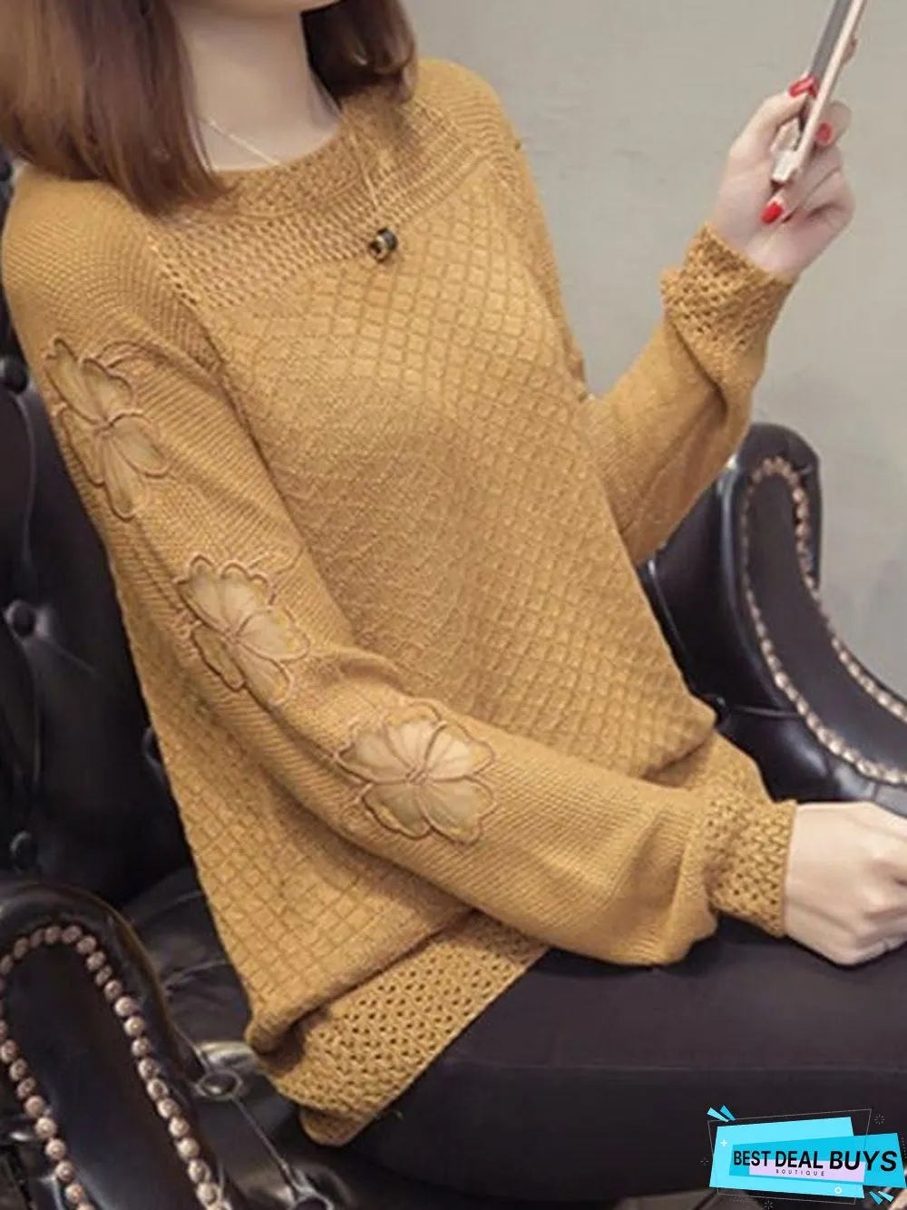 Round Neck Patchwork Elegant Plain Long Sleeve Knit Pullover