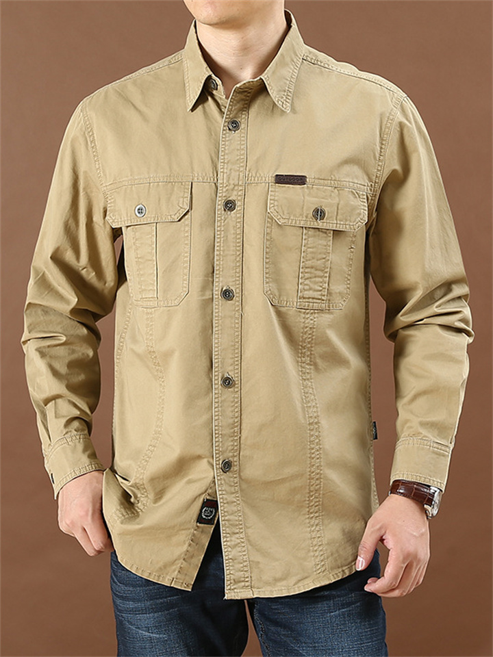 Men's Casual Loose Long-sleeved Shirt New Large Size Cotton Solid Color Shirt