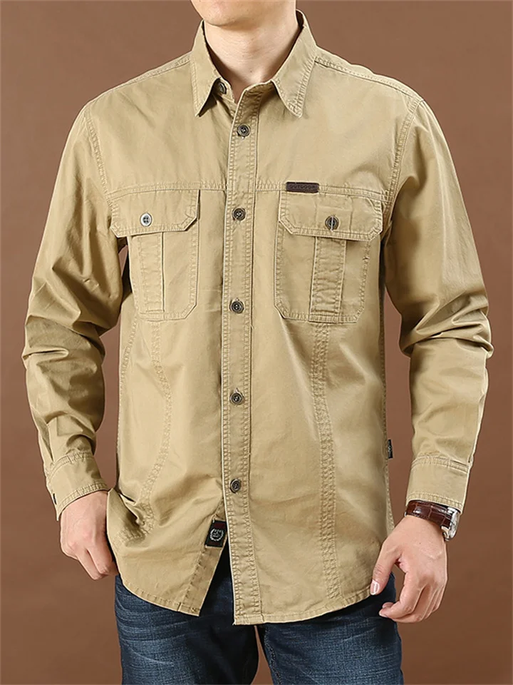 Men's Casual Loose Long-sleeved Shirt New Large Size Cotton Solid Color Shirt
