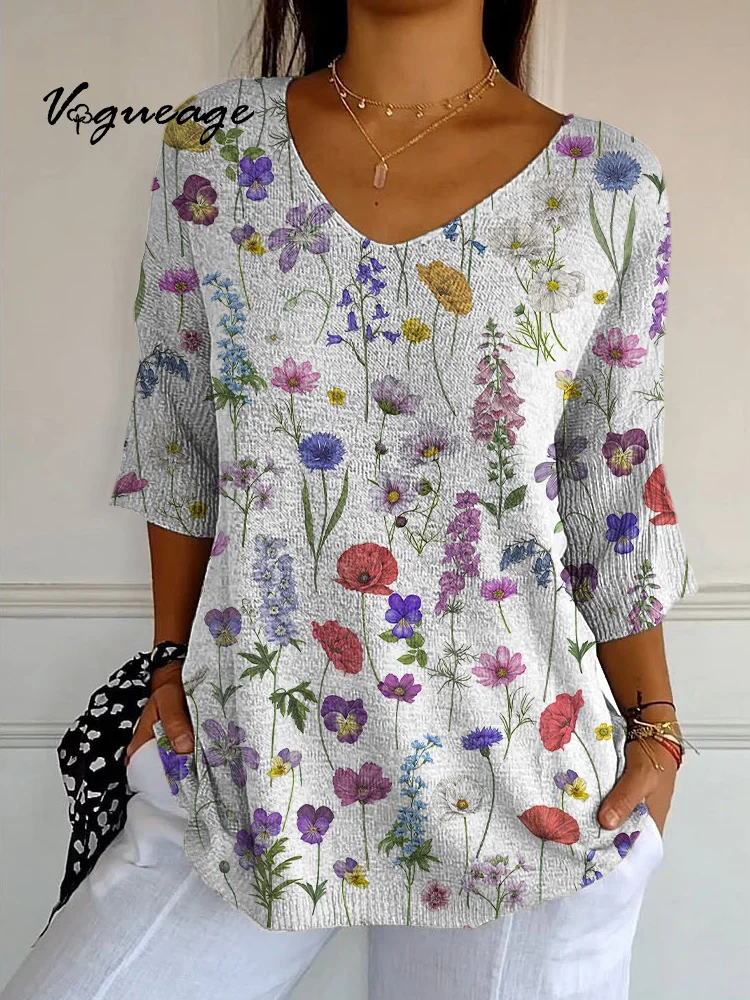 Gentle Simple And Vivid Flowers Printed Knitted Sweater