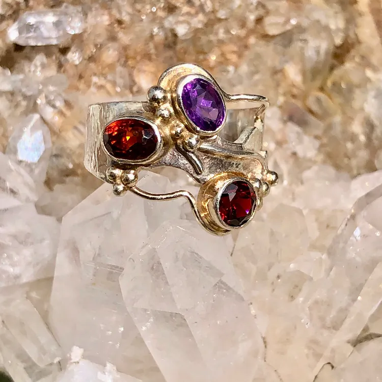 Amethyst Garnet and Citrine Ring in Sterling Silver with Gold Accents Size 7