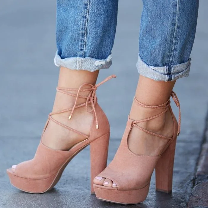 Women's Pink Suede Peep Toe Chunky Heel Ankle Boots |FSJ Shoes
