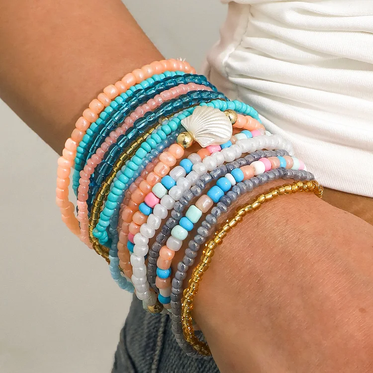 Boho Colorful Beaded Multi-layer Rice Bead Shell 17-piece Bracelet Set