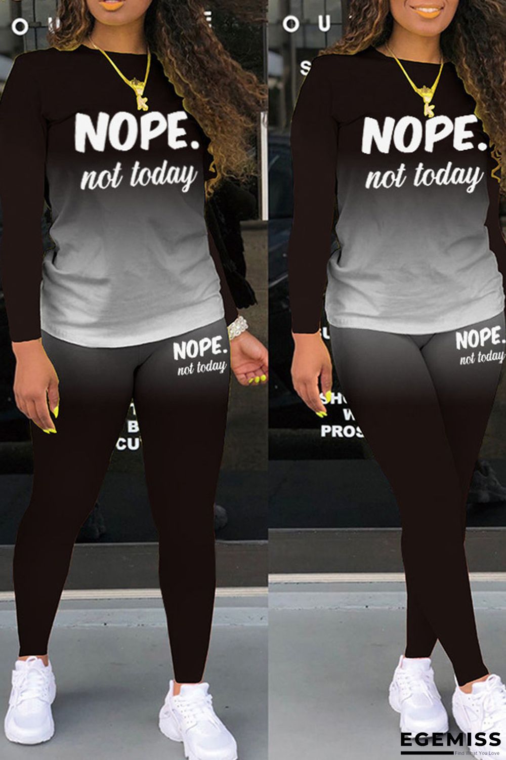 Black Casual Print Patchwork O Neck Long Sleeve Two Pieces | EGEMISS