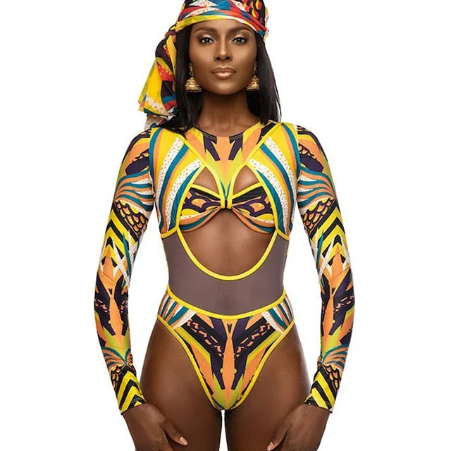 Sexy Long Sleeve Swimsuit One piece African Swimwear High Waist Bathing Suit Female Mesh Bathing Suit For Women Zipper Monokini