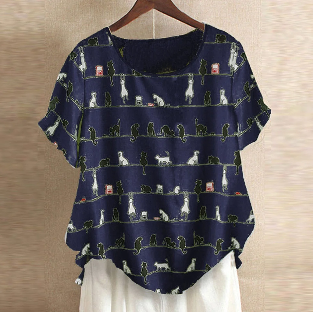 Plus Size Fashion Cotton Linen Blouse Shirt Cute Cat Print Tops Casual Summer Ladies Female Women Short Sleeve Blusas Pullover