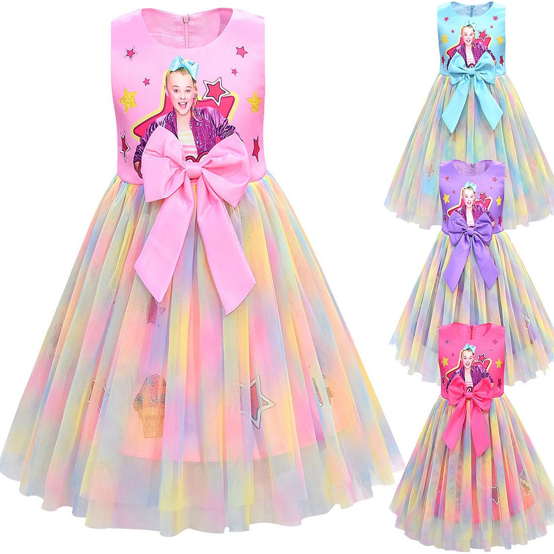 Girls Jojo Siwa Bow Dress Kids Party Birthday Mesh Princess Dress-Pajamasbuy