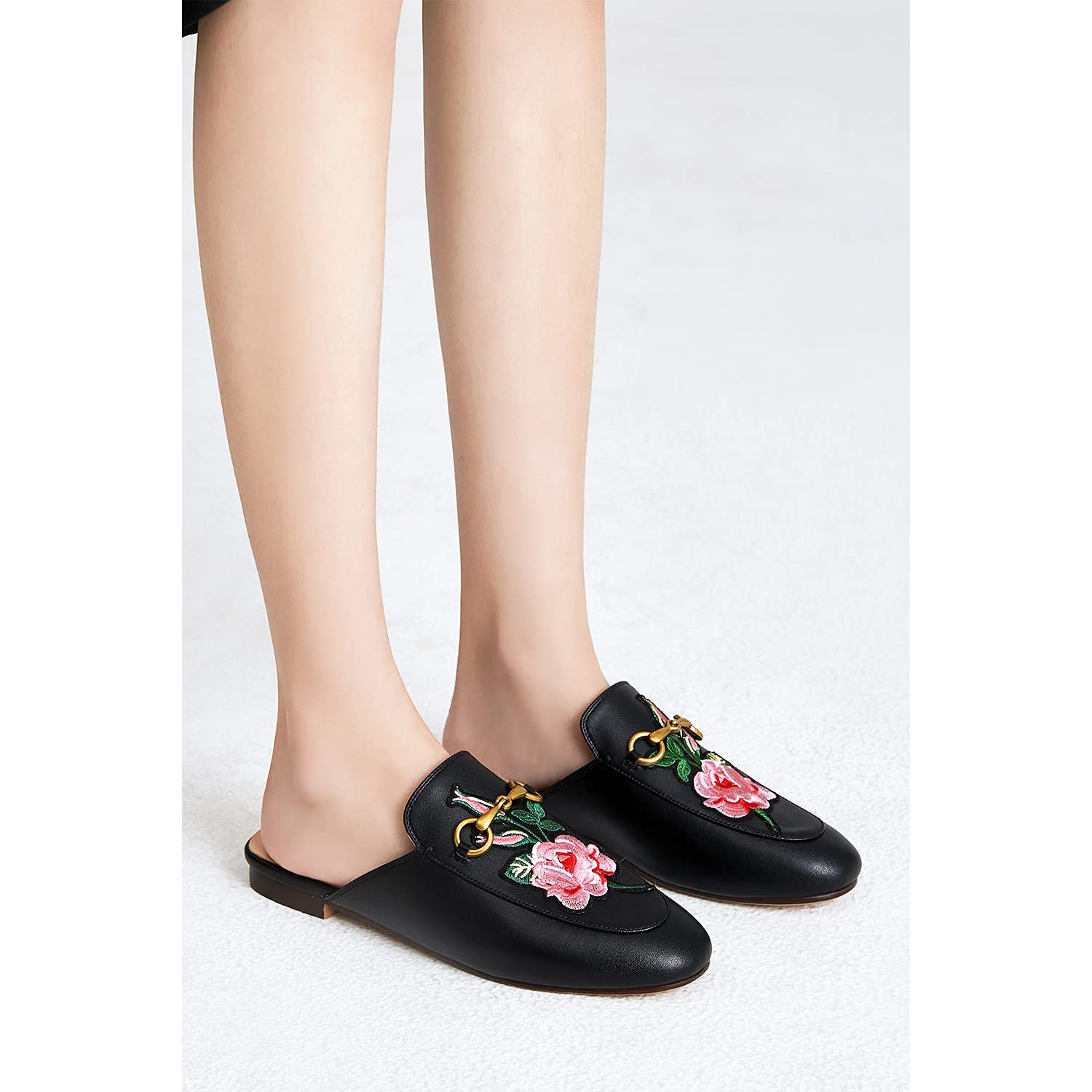 Black Rose Toe Flats with Metal Buckle Mules Shoes-vocosishoes
