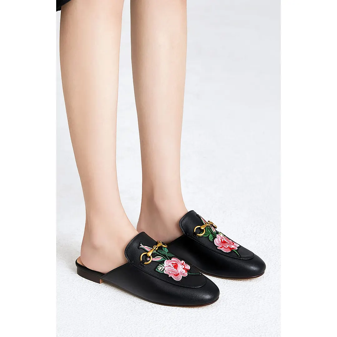 Black Rose Toe Flats with Metal Buckle Mules Shoes-vocosishoes