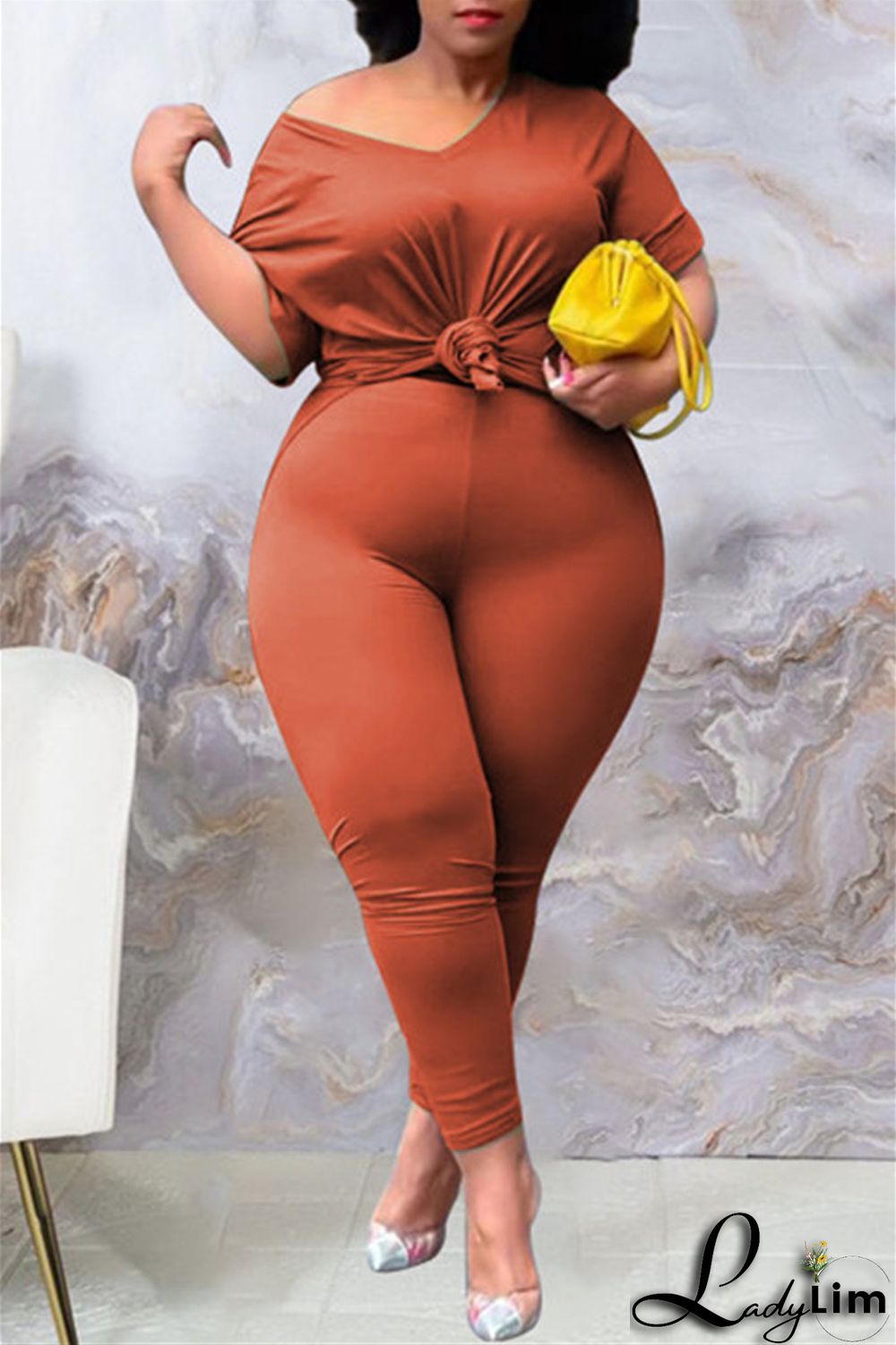 Tibetan Blue Fashion Casual Solid Slit V Neck Plus Size Two Pieces