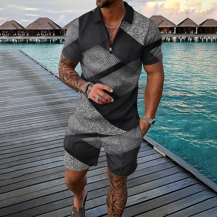 Black And Gray Irregular Geometry Polo Shirt And Shorts