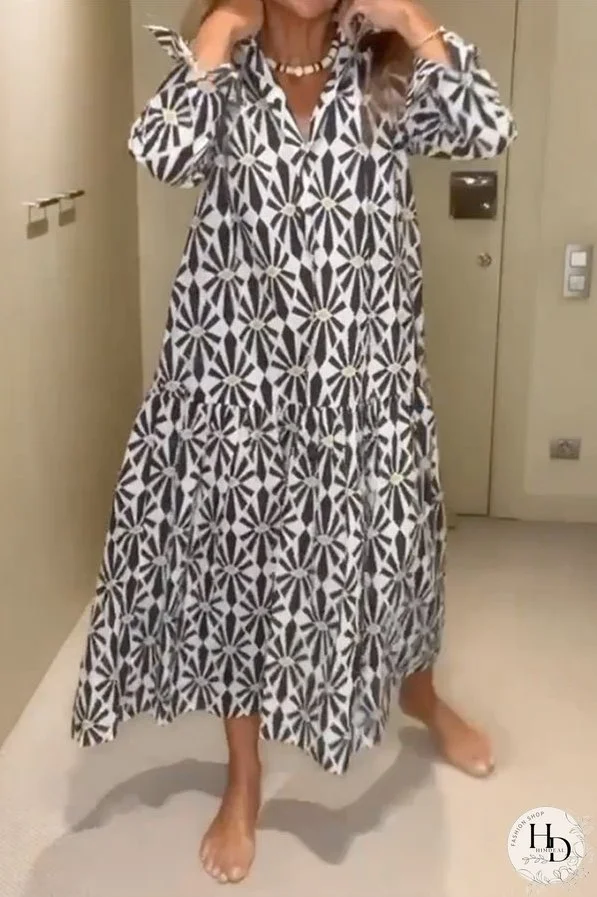 Printing Long Sleeves Loose V-Neck Maxi Dresses