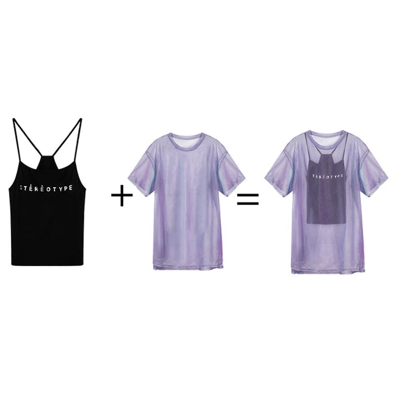 2PCS Women Transparent Mesh T-Shirt Short Sleeve Tee Tops Cover up + Camisole Vest Top Casual Crew Neck Stretchy T Shirt