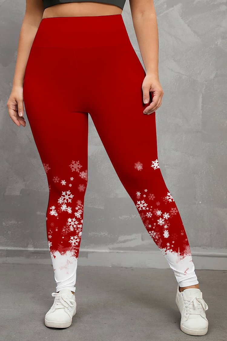 Plus Size Christmas Casual Red Snowflake Print Legging