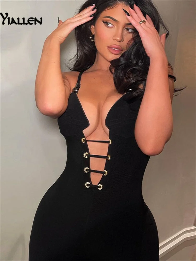 Yiallen Summer Sexy Strap Black Tight Woman Jumpsuits Low Chest V Neck Sleeveless Bandage Sportswear Ribbed Female Catsuits Hot