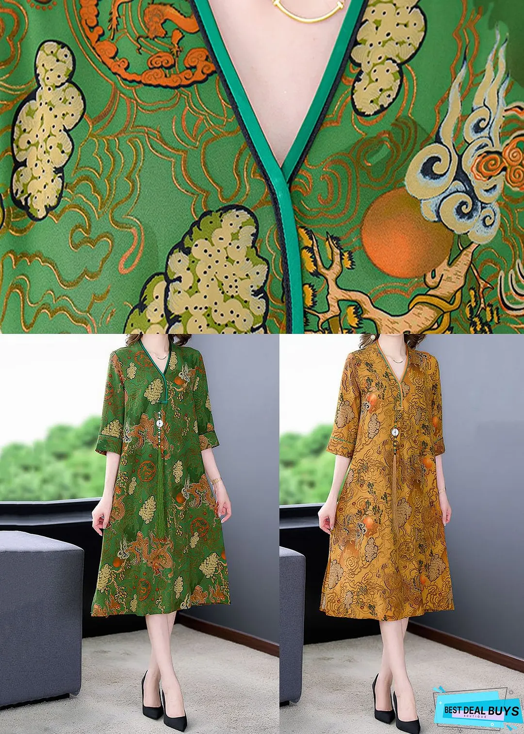 Vintage Green V Neck Print Patchwork Silk Mid Dress Summer