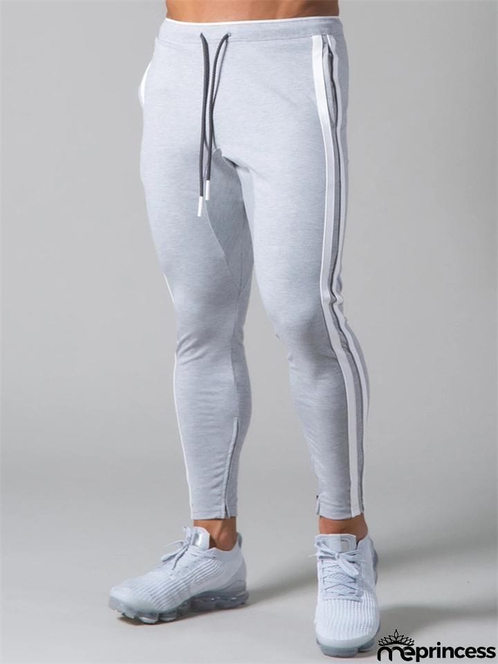 Mens Gym Breahthable Patchwork Running Zipper Pants