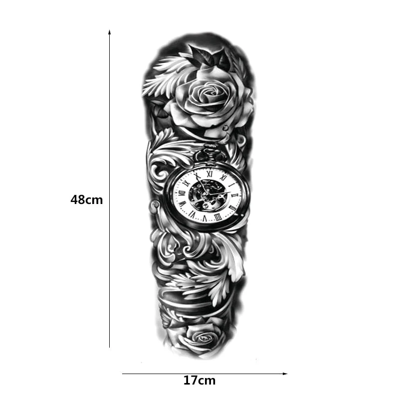 1 Sheets Full Arm Temporary Tattoos Sleeve Stickers, Flower Clock Lion Temporary Tattoo for Men Women Adults Fake Tattoos