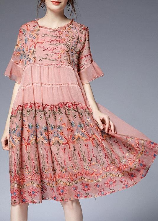 Handmade Pink Print Chiffon Rufflesflare Sleeve Summer Mid Dress