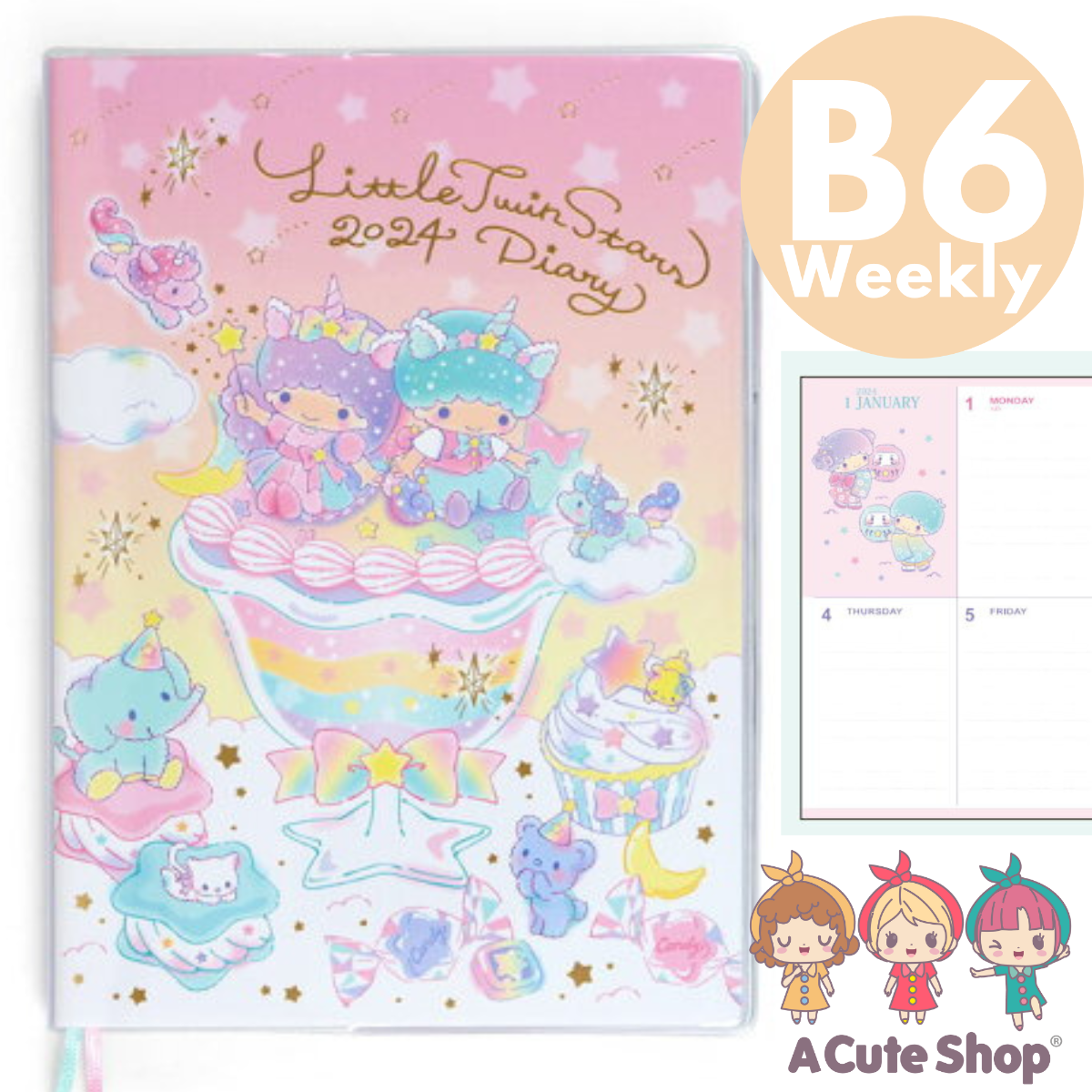 ❤SHIPPING NOW❤2024 Little Twin Stars B6 Weekly Planner BLOCK TYPE Notebook Diary Schedule Book Agenda w/ BONUS GIFT A Cute Shop - Inspired by You For The Cute Soul 