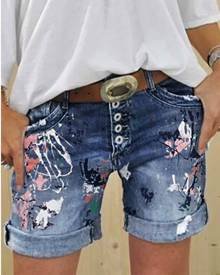 Cowboy Women's Summer Denim Shorts Washed Printed Jeans