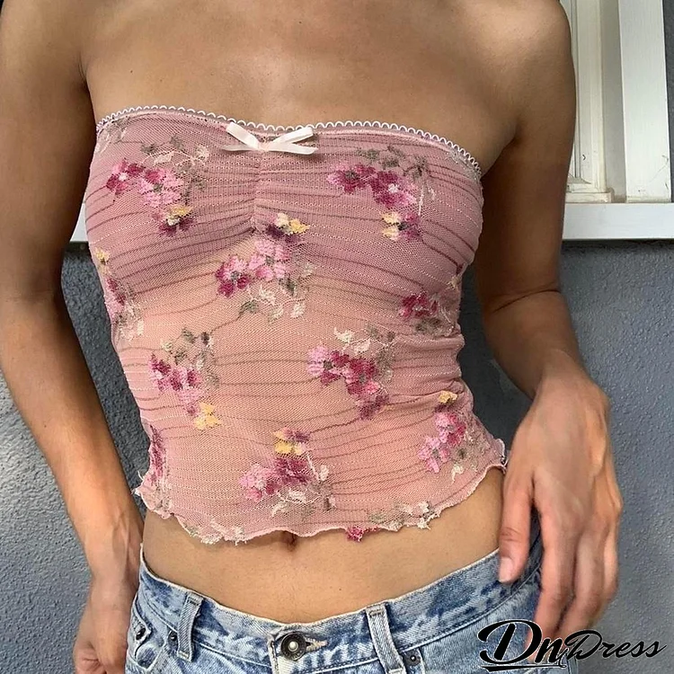 Women Fashion Sexy Elegant Mesh Floral Printed Backless Tube Crop Top