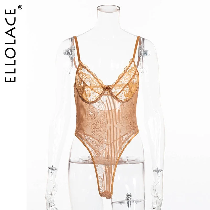 Ellolace Neon Summer 21 Colors Lace Bodysuit Women Floral Embroidery Bow Tie Transparent Sexy Bodysuit Jumpsuit Overalls Party 708