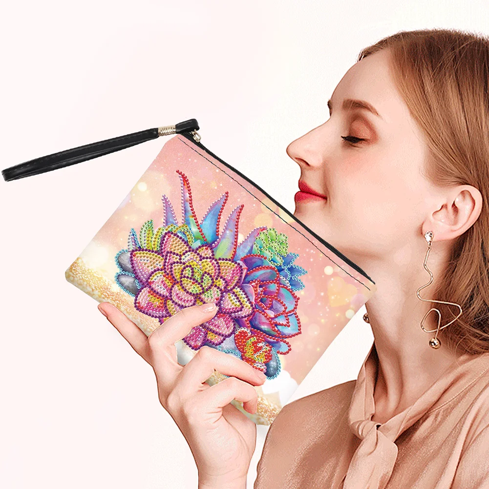 DIY Succulent PU Partial Special Shaped Diamond Painting Wallet Makeup Bag