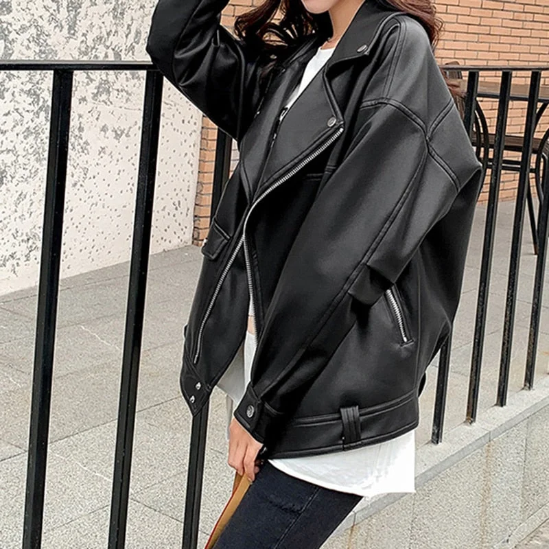 2021 Faux Leather Jacket Women Autumn Winter Casual Zipper Moto Biker Jackets Bf Korean Style Classic Black Leather Jacket Coat