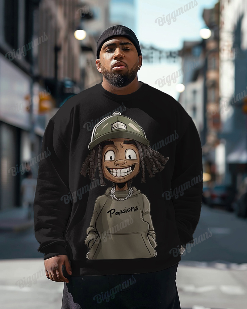 Men's Plus Size Daily Casual Cartoon PASSIONS Letters Crewneck Sweatshirt