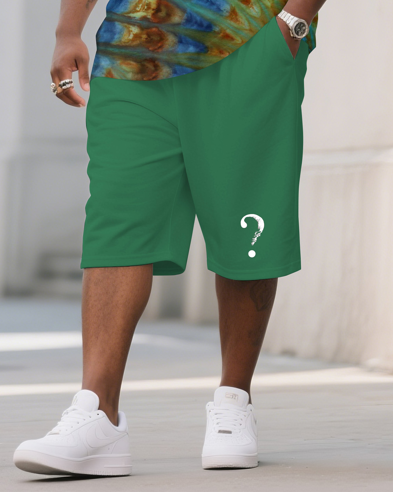 Men's Plus Size Tie-Dye Basal Nebula Double Scalloped Folding Round Neck T-Shirt Shorts Suit
