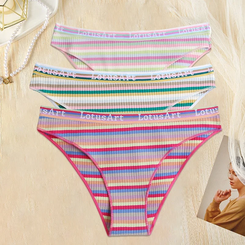 FINETOO 3PCS/Set Women Cotton Seamless Panties for Female M-XL Underwear Panty Sexy Colorful Striped Lingerie Letter Waist Brief