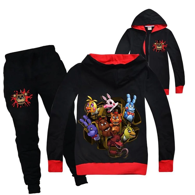 Five Nights At Freddy Print Girls Boys Zip Up Cotton Hoodie Sweatpants-Mayoulove