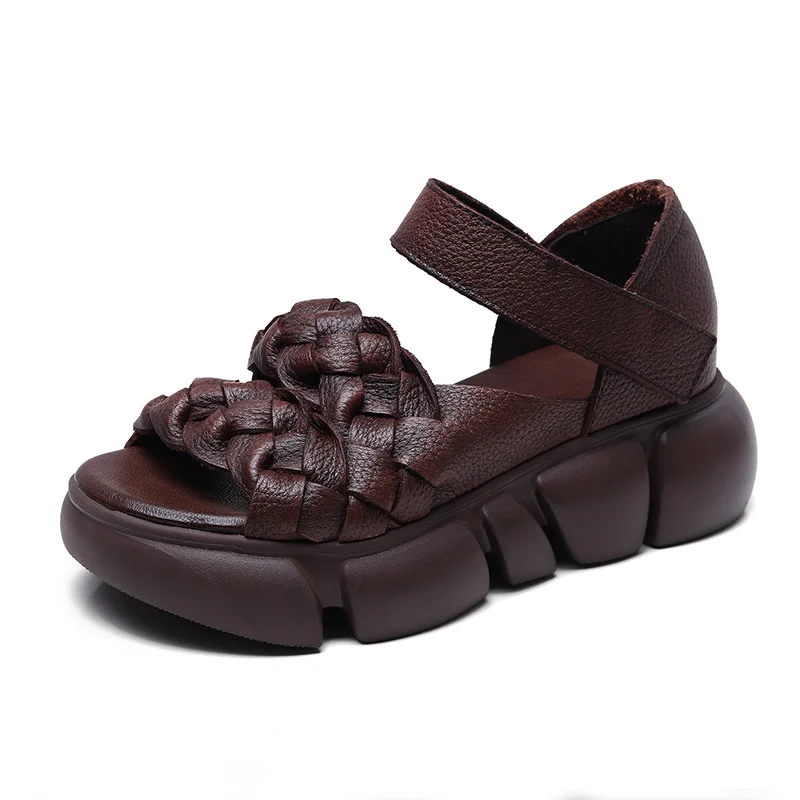 Yyvonne Pine Cake Thick-Soled Sandals Women Magic Sticker Top Layer Of Cowhide Mouth Summer Leisure Year Comfortable