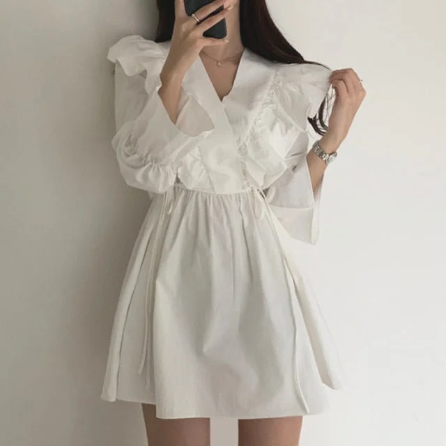 Ruffle Lace Up Waist Flared Sleeve Short Dress