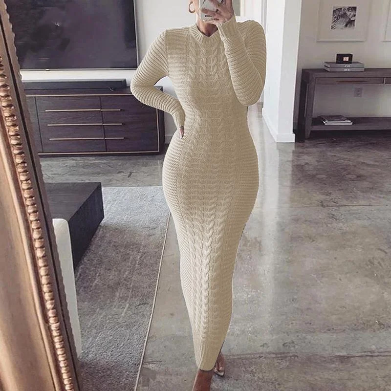 Bodycon Dress Black Long Sleeve Plus Size Clothing Autumn Winter Fashion Twist Knitted Jumper Sweater Dresses For Women Casual 1103-1