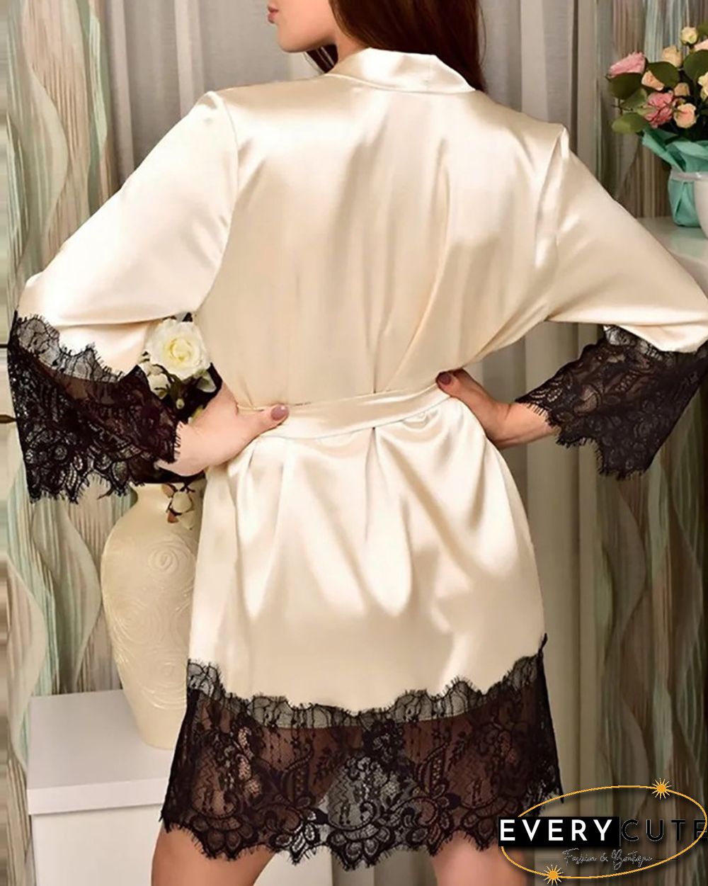 Eyelet Lace Patch Satin Long Sleeve Robe