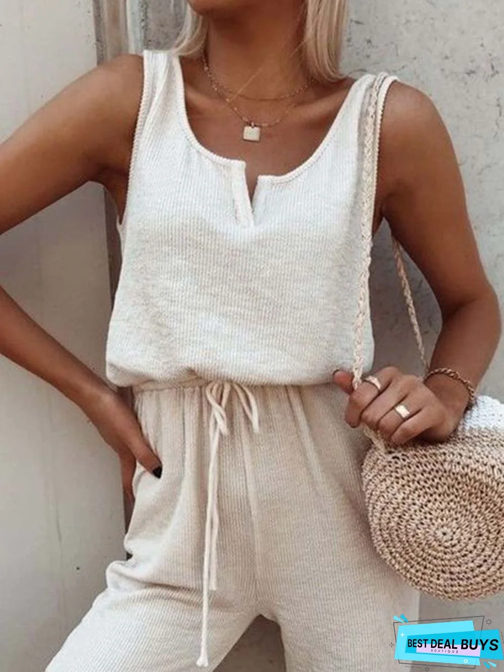 Sleeveless Cotton-blend  V neck Casual  Summer White Top