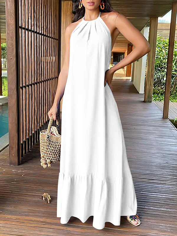 Vacation Solid Color Backless Pleated Loose Halter-Neck Maxi Dress
