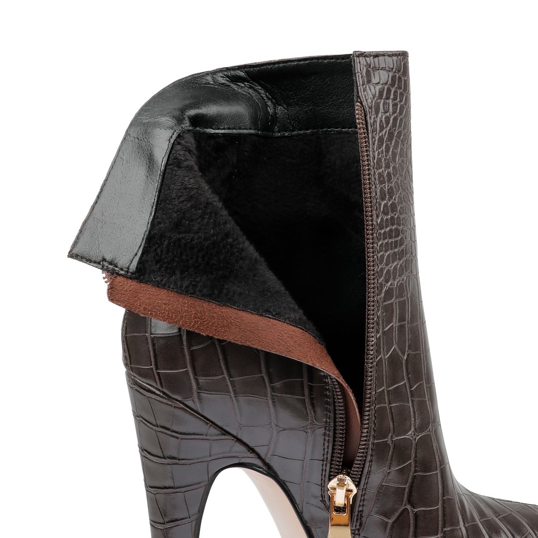 6.1" Women's Platform Ankle Boots Zipper High Heels Croc Patent Shoes Short Booties-MERUMOTE