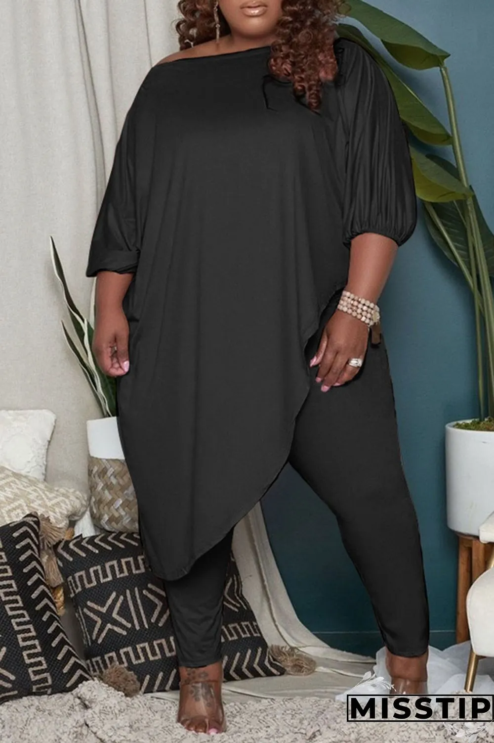 Green Fashion Casual Solid Asymmetrical Oblique Collar Plus Size Two Pieces