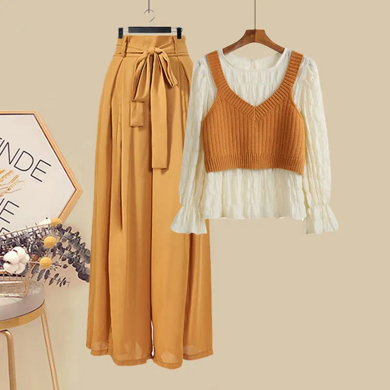 Pure Color V-neck Knit Vest Shirt Lace Up Wide Leg Pants