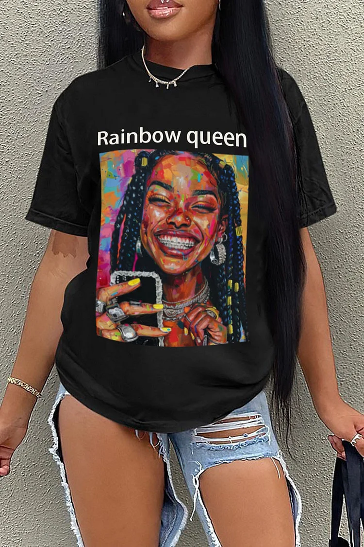 LORAGAL Portrait Rainbow Queen Print Short Sleeve Casual T-Shirt-Black