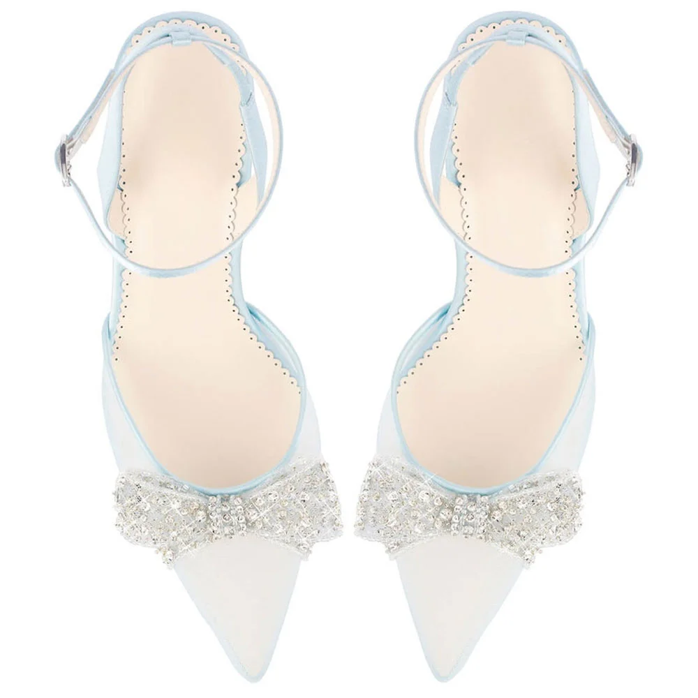 Light Blue Mesh Chunky Heel Pointed Toe Rhinestone Bow Wedding Shoes