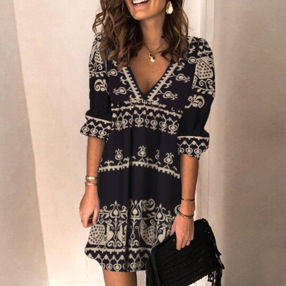 Retro 3/4 Sleeve Print Mini Dress