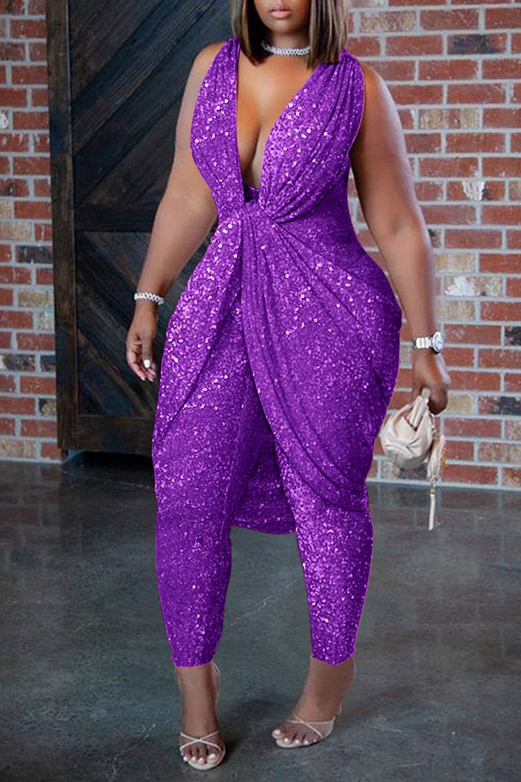 Xpluswear Plus Size Purple Party Sequin Draping Sleeveless Leggings Pants Jumpsuits  